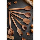 Ayrex Doğal Ceviz Ağacı Ahşap Tahta Kaşık Spatula Kevgir Çatal Seti Ağaç Kaşık (6 Lı Set - Çok Renkli