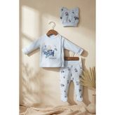 Babycan Skydream %100 Pamuklu 3'lü Bebek Takımı - Açık Mavi Pilot Ayıcık Desenli Kruvaze Üst, Patikli Pantolon ve Bere Seti - 0 - 3 Ay