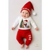 BABYDEN'S Bebek Yılbaşı Noel Kıyafeti 3’lü Takımı Snowman Baskılı Body,Kırmızı Fitilli Pantolon,Noel Şapkası