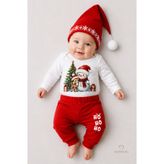 BABYDEN'S Bebek Yılbaşı Noel Kıyafeti 3’lü Takımı Snowman Baskılı Body,Kırmızı Pantolon,Noel Şapkası