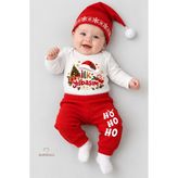 Babyden's Bebek Yılbaşı Takımı Ilk Yılbaşım Baskılı Noel Kıyafeti %100 Pamuk 3'lü Body Pantolon Noel Şapkası Yılbaşı Kostüm - Kırmızı 01 - 6 - 9 Ay