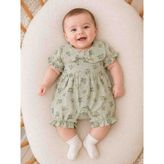 Babys Tasarım Kız Bebek Çiçek Desenli Müslin Tulum – Pamuklu Fırfır Yaka Kurdele Detaylı Yazlık Bebek Tulumu - Adaçayı Yeşili - 6 - 9 Ay
