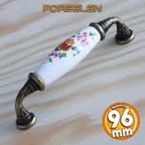 Badem10 Gerçek Porselen Kulp 96 mm Çiçek Desen Beyaz Mutfak Dolabı Kulpları Antik Sarı