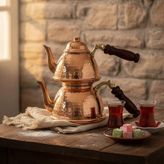 Bakır Azeri Çaydanlık - Parlak Bakır