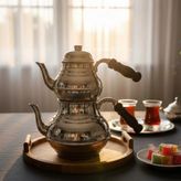 Bakır El Dövme Kordonlu Çaydanlık - Gümüş