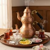Bakır Oyma Çaydanlık - Parlak Bakır