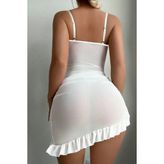 Balenli Tül Dantelli Gecelik - Beyaz - XL