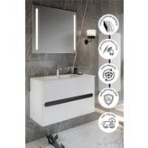 BALNEOM Banyo Kadife Beyaz Parlak Hıgh Gloss Demonte 80 Cm Banyo Dolabı Ledli Aynalı Üst Dolap Boy Dolabı