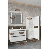Balneom Banyo Kadife Beyaz Parlak High Gloss Demonte 80 Cm Banyo Dolabı Ledli Aynalı Üst Dolap Ve Boy Dolabı