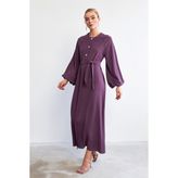 Balon Kol Düğmeli Abaya Elbise - Leylak - 38