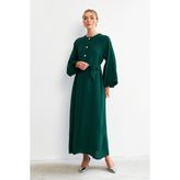 Balon Kol Düğmeli Abaya Elbise - Zümrüt - 48