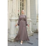 Balon Kol Lastikli Standart Elbise - Vizon