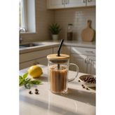 Bambu Kapaklı Cam Pipetli Kupa - 420ML- Siyah