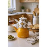 Bambum Unique Enamel Teapot Set With Bamboo Handle Mustard