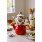 Bambum Unique Enamel Teapot Set With Bamboo Handle Orange