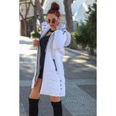 Barbora TR805 Kışlık Kapüşonlu Uzun Şişme Beyaz Kadın Mont