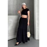 Basic Astarlı Pileli Kadın Uzun Etek - Siyah - 36