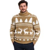 Battal Moda Kamel Rengi Geyik Desenli Balıkçı Yaka Yılbaşı Kazağı M-L-Xl-2xl