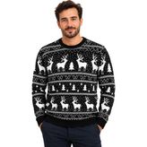 Battal Moda Siyah Rengi Geyik Desenli Bisiklet Yaka Yılbaşı Kazağı M-L-Xl-2xl