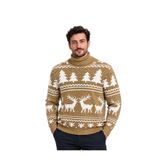 BattalModa Kamel Rengi Geyik Desenli Balıkçı Yaka Yılbaşı Kazağı M-L-XL-2XL
