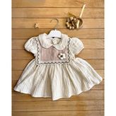 Bayramlık Retro Papatyalı Yazlık Bebe Yaka Kısa Müslin Bebek Elbise -Bej - 9 Ay