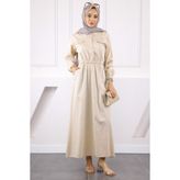Bej Bel Lastikli Cepli Gabardin Elbise - 38