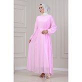 Beli Bağcıklı Pera Elbise-Pembe - 1