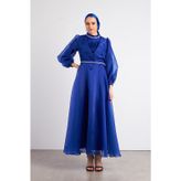 Beli Taşlı Saks Tesettür Abiye Elbise