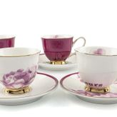 Benim Evim Rose Fleurs Çiçek Desenli Porselen Kahve Fincan Seti, 2 Kişilik, 90 ml, Pembe-Beyaz, Altın Yaldızlı