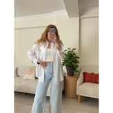 Beyaz Oversize Keten Gömlek - Standart