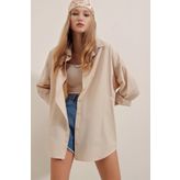 Bigdart 3900 Oversize Uzun Basic Krem Kadın Gömlek