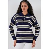 Bigdart Kadın Çizgili Polo Yaka Triko Kazak 15952 - Lacivert - Standart