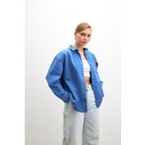 Bipantolon Kadın Mavi Oversize Basic Cep Detaylı Poplin Uzun Kol Gömlek