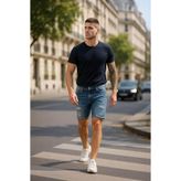 Blue White Erkek Boyalı Jean Kısa Şort, Slim Fit, Mavi
