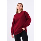 Bordo Kadın Pamuklu Oversize Basic Bisiklet Yaka Sweatshirt