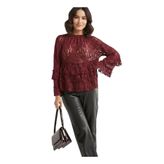 Bordo Katmanlı Dantel Bluz