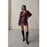 Bordo Kemerli Mini Deri Etek