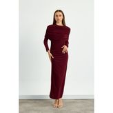 Bordo Omuz Detaylı Drape Elbise - 36 - 38