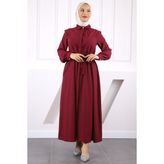 Bordo Önü Düğmeli Cepli Elbise - 40