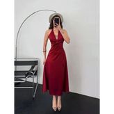 Bordo Uzun Saten Elbise