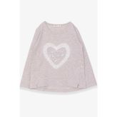 Breeze Bej Melanj 5-10 Yaş Uzun Kollu Simli Kalp Baskılı Kız Çocuk T-shirt