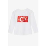 Breeze Beyaz 4-14 Yaş Uzun Kollu Pullu Ay Yıldız Kız Çocuk T-shirt