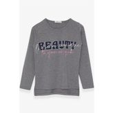 Breeze Koyu Gri Melanj 10-16 YaşUzun Kollu Taşlı Yazı Baskılı Kız Çocuk T-shirt