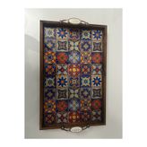 BulutRetail El Yapımı Kütahya Çini Desenli Ahşap Tepsi 42X27 cm | Yerli Üretim Dekoratif & Servis Tepsisi