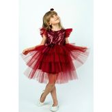 Buse & Eylül Bebe Bordo Pullu Kız Çocuk Parti Elbisesi - 5 Yaş