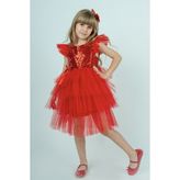 Buse & Eylül Bebe Kırmızı Pullu Kız Çocuk Parti Elbisesi - 1 Yaş
