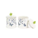 Butterfly Lovers 2'li Kavanoz Seti, 14cm, Porselen, Kelebek ve Çiçek Desenli, Yeşil Kelebek Kulplu Kapak