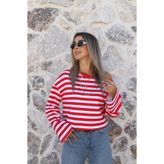 bytugcekaya Kırmızı-Beyaz Kalın Çizgili Omzu Düşük Bluz