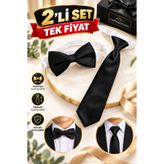 cappadocians Erkek & Kız Çocuk 1-7 Yaş Lastikli Kravat & Lastikli Papyon - Siyah Renk 2'li Set - Unisex