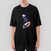 Captain America Mjolnir And Shield Oversize Siyah Tişört